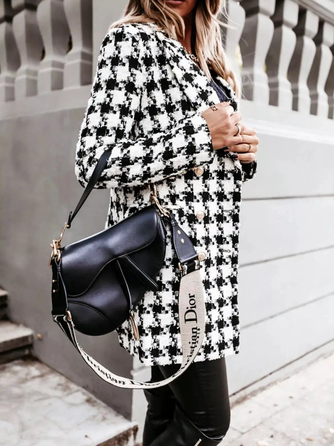 Plaid Tweed Double-Breasted Coat by Trendsi