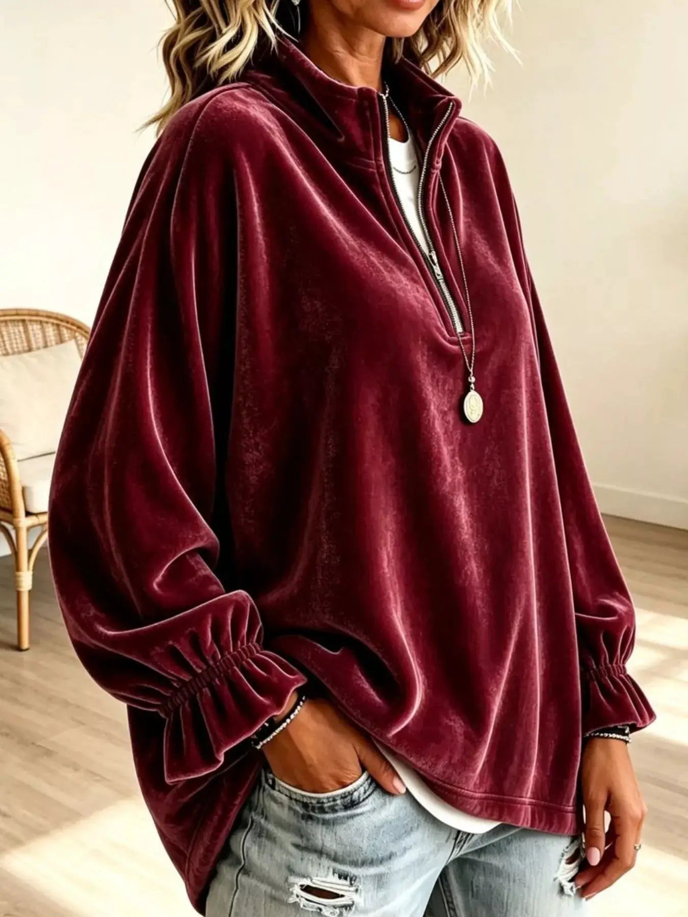 Velvet Quarter-Zip Sweatshirt with Ruffled Cuffs by Trendsi
