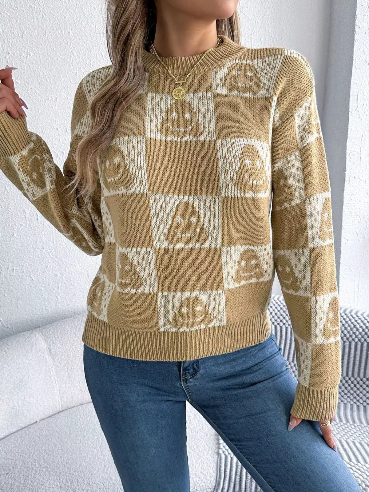 Checkerboard Halloween Graphic Sweater by Trendsi