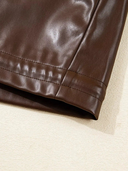 Double Flap Pocket Drawstring Hem Leather Jacket by Trendsi