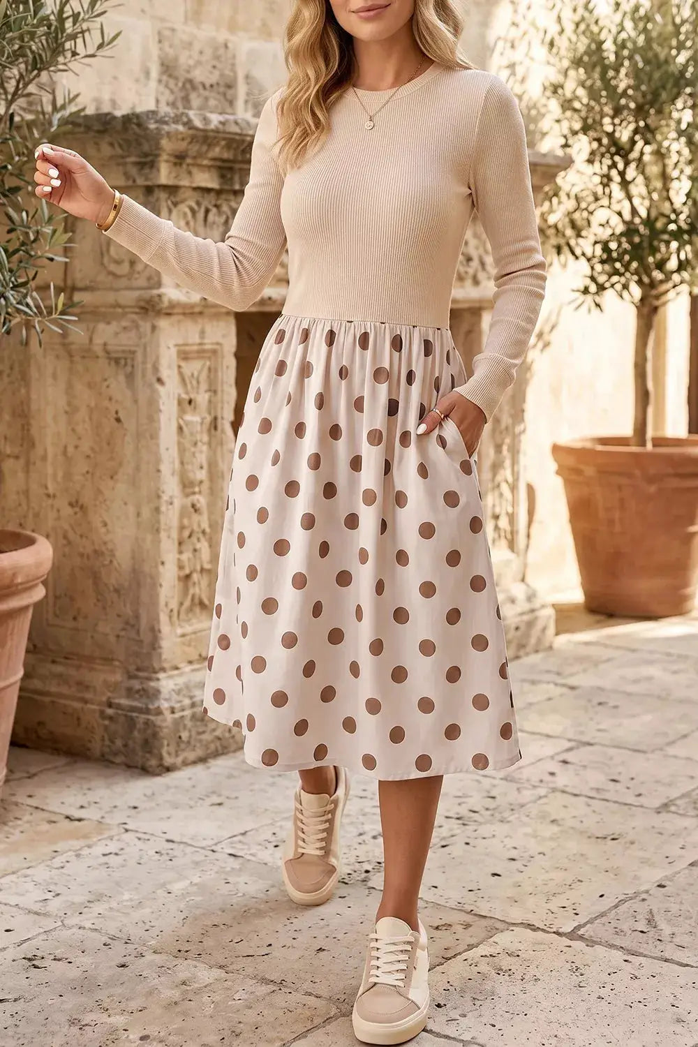 Polka Dot Midi Long Sleeve Dress by Trendsi