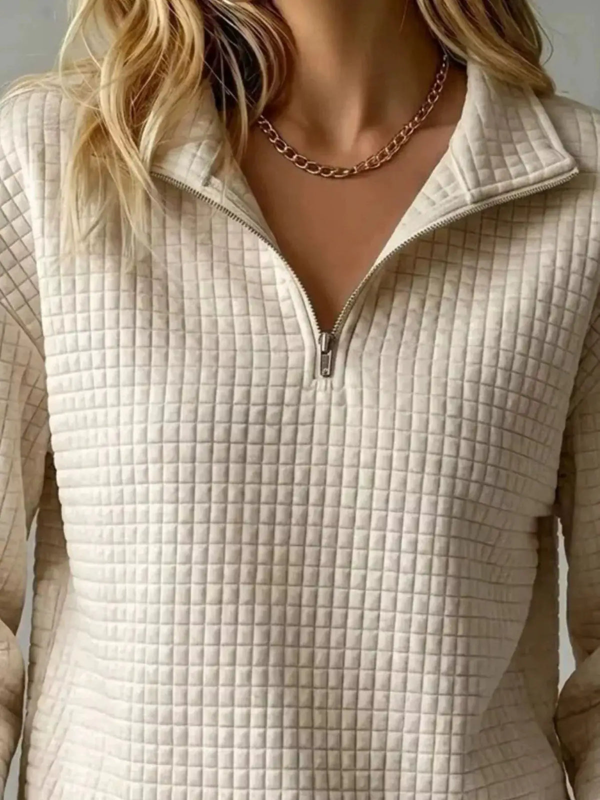 Waffle Knit Quarter-Zip Sweatshirt by Trendsi