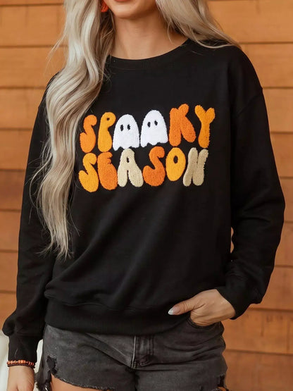 Embroidered Spooky Season Long Sleeve Round Neck Sweatshirt by Trendsi