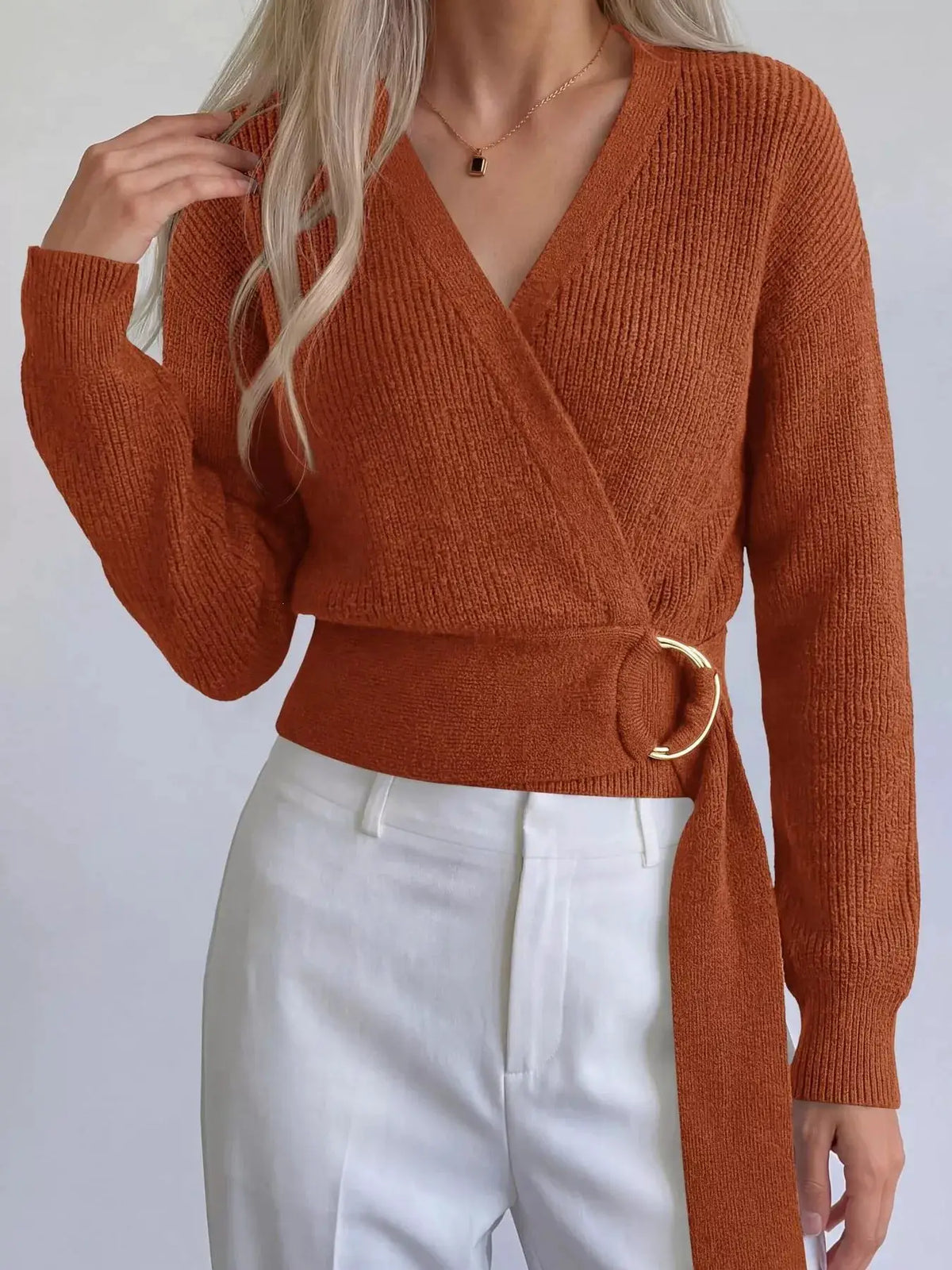 Metal Ring Detail Dropped Shoulder Sweater by Trendsi