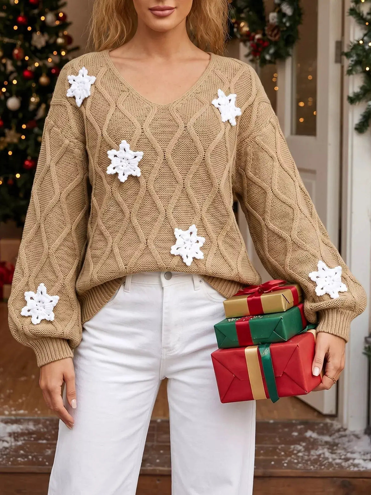 Snowflake Textured V-Neck Sweater by Trendsi