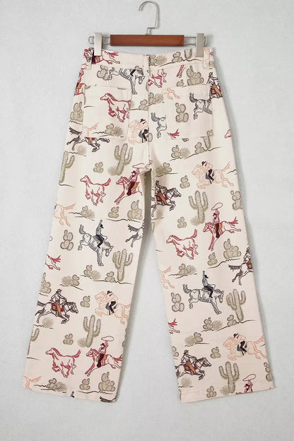 Western Print Straight Leg Ankle-Length Pocket Jeans by Trendsi