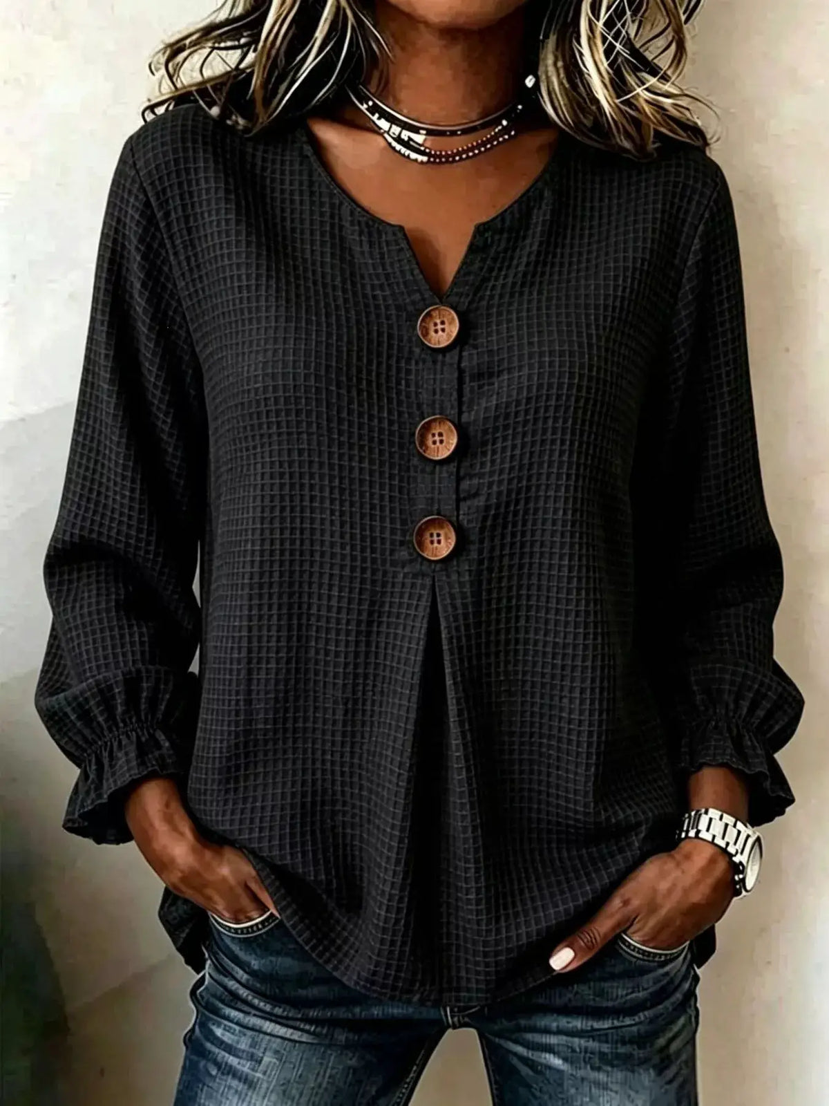 Waffle Knit Flounce Sleeve Top by Trendsi