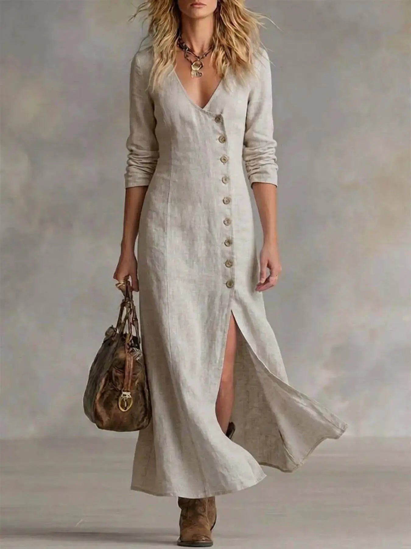Slit Button-Down Midi Dress by Trendsi