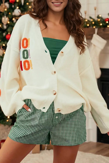 'HO HO HO' Button Up Knit Cardigan by Trendsi
