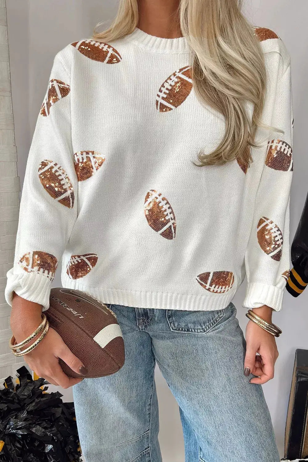 Sequin Football Print Round Neck Long Sleeve Loose Fit Sweater by Trendsi