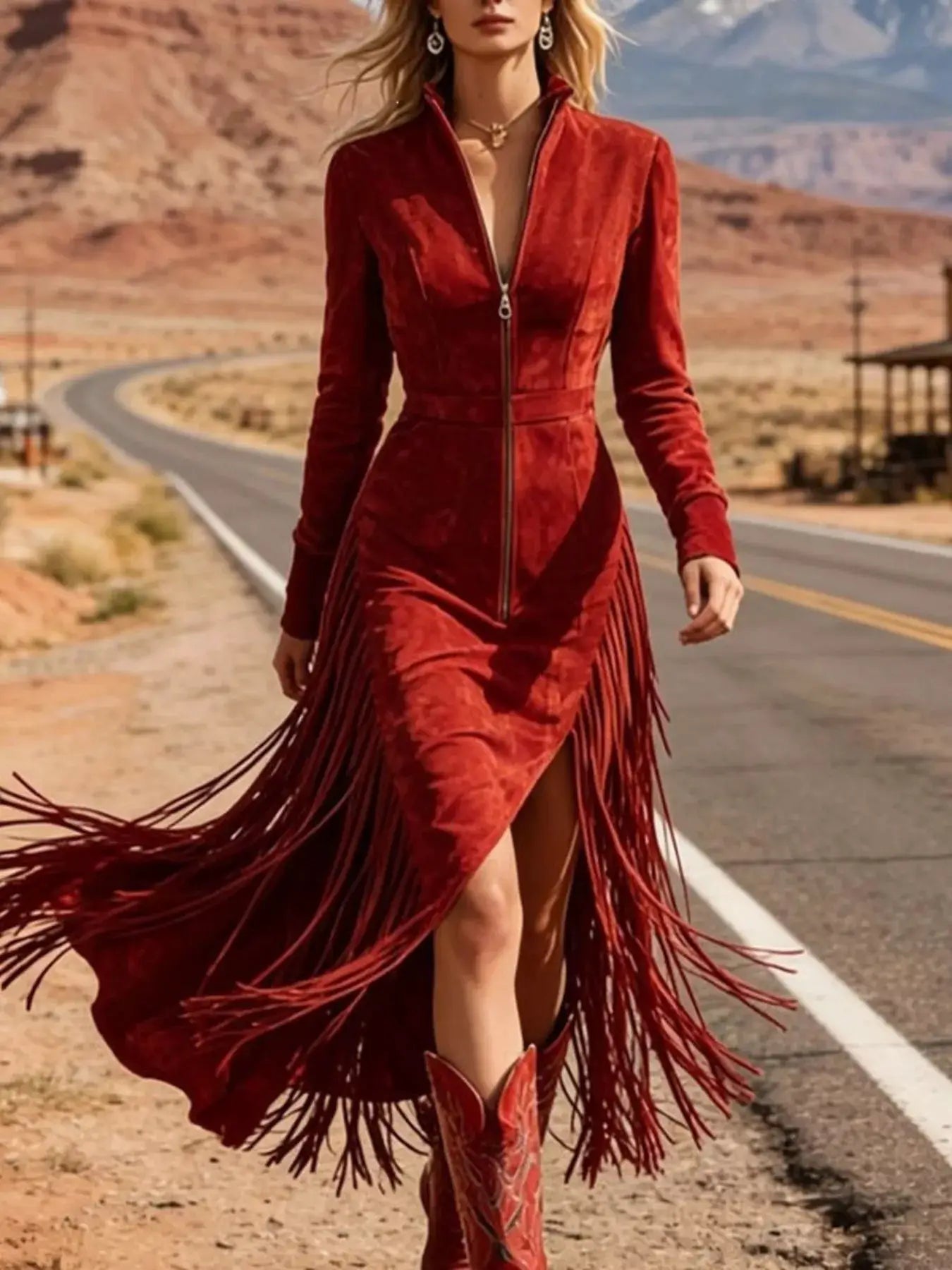 Fringe Zip-Front Midi Dress by Trendsi
