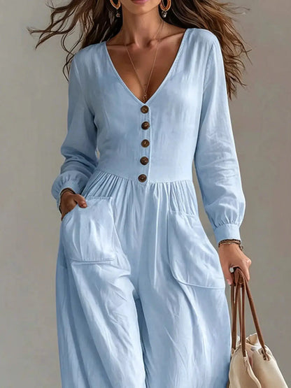 V-Neck Long Sleeve Button-Down Wide Leg Jumpsuit by Trendsi