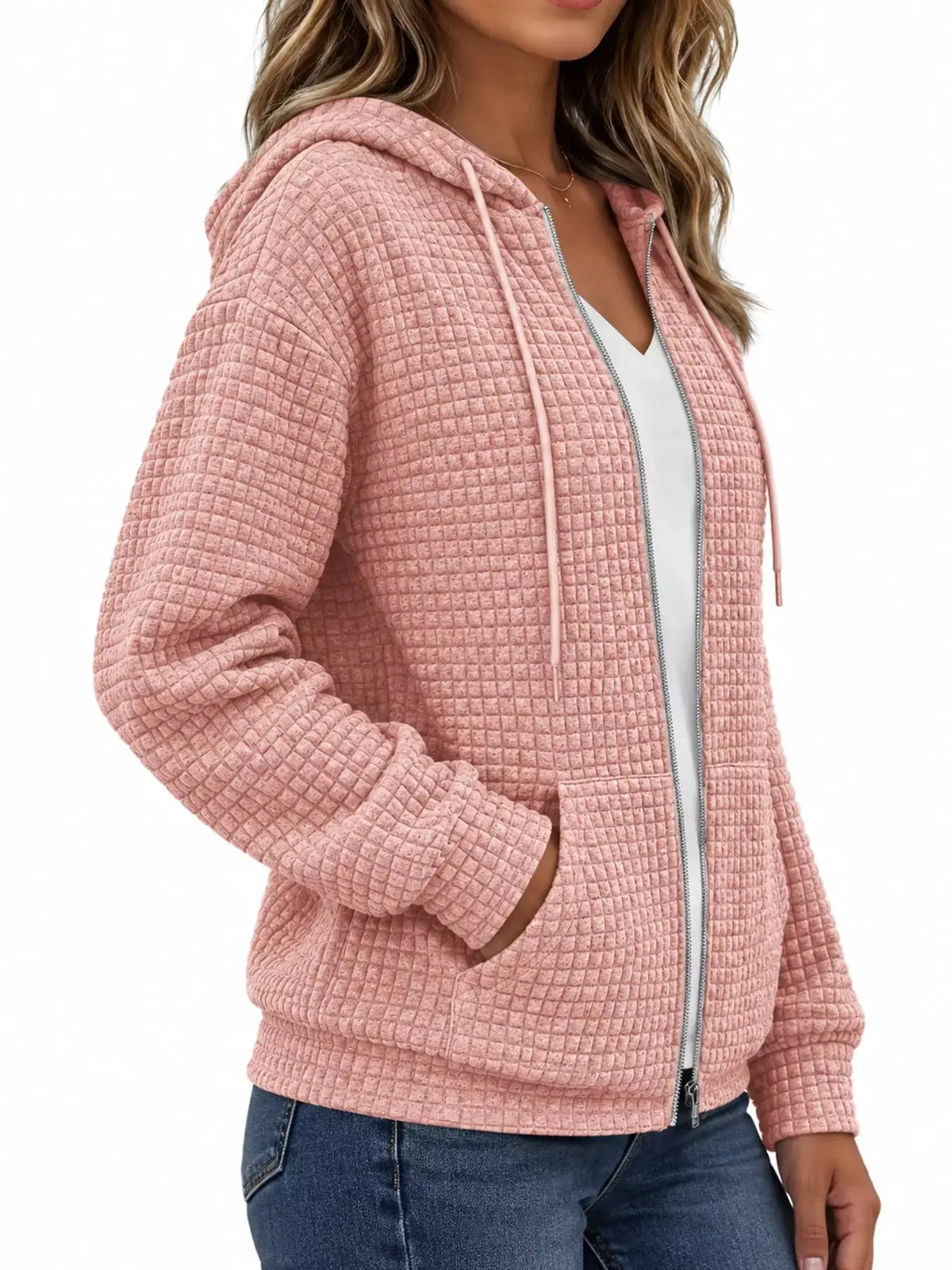 Waffle Knit Zip-Up Hoodie with Drawstring and Pockets by Trendsi