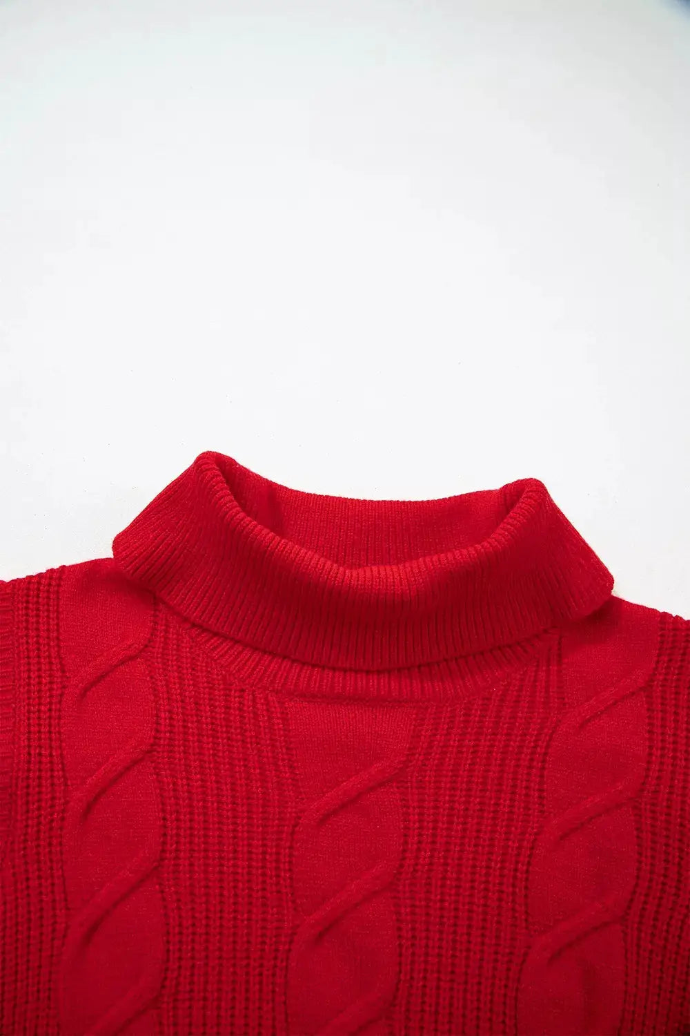 Cable Knit Turtleneck Ruffled Short Sleeve Sweater by Trendsi