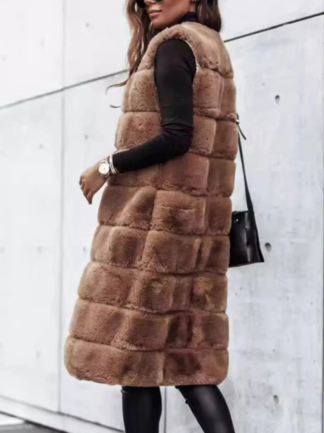 Faux Fur Longline Vest Coat by Trendsi