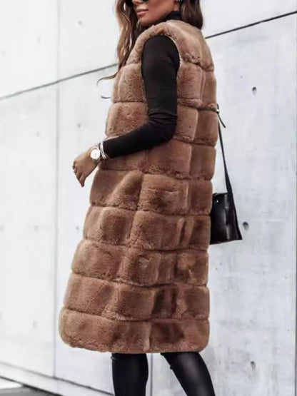 Faux Fur Longline Vest Coat by Trendsi