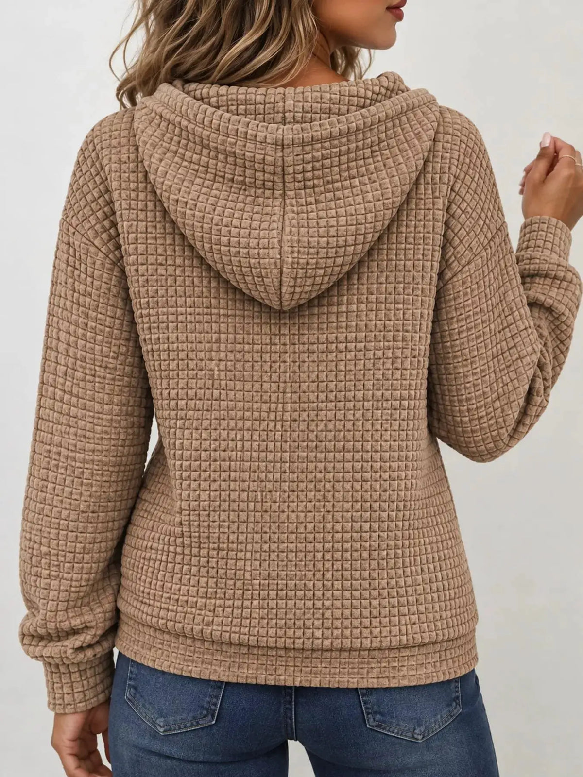 Waffle Knit Zip-Up Hoodie with Drawstring and Pockets by Trendsi