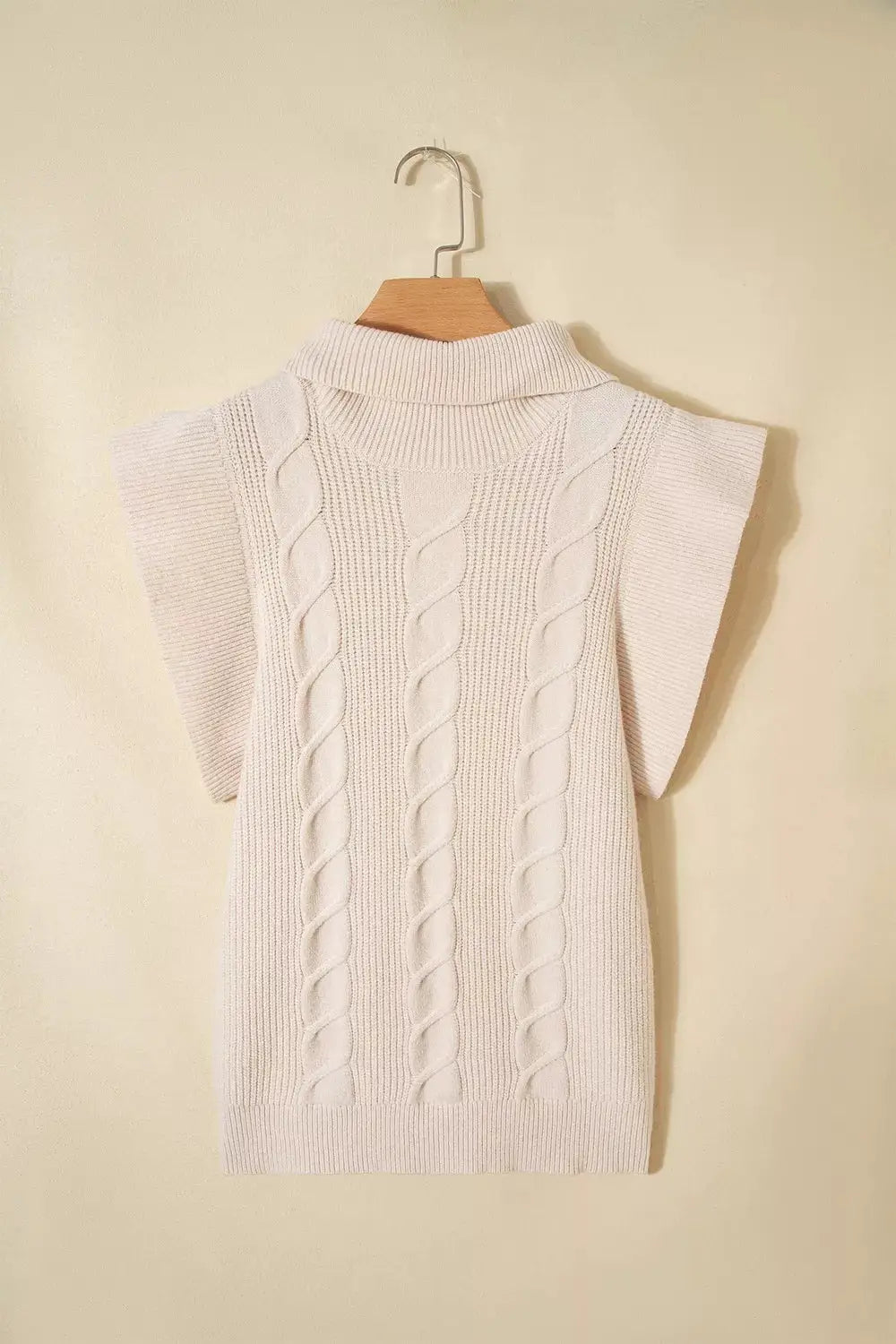 Cable Knit Turtleneck Ruffled Short Sleeve Sweater by Trendsi