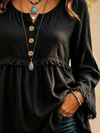 Button-Down Detail Fringed Hem Blouse by Trendsi
