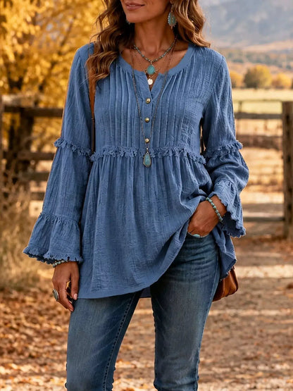 Full Size Fringe Trim Ruffle Sleeve Blouse Plus Size by Trendsi