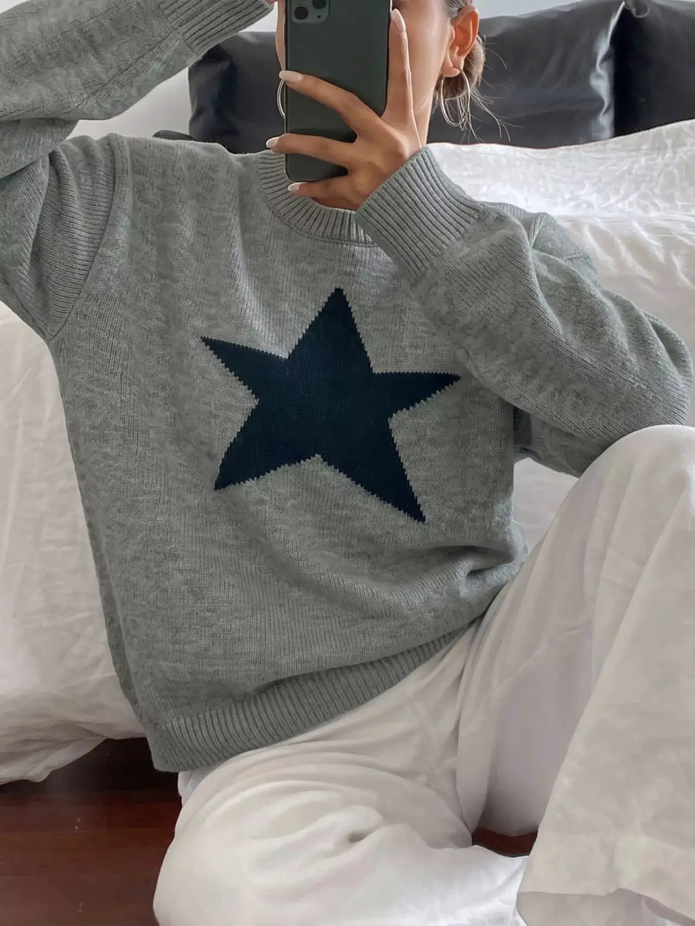 Star-Patterned Dropped Shoulder Sweater by Trendsi
