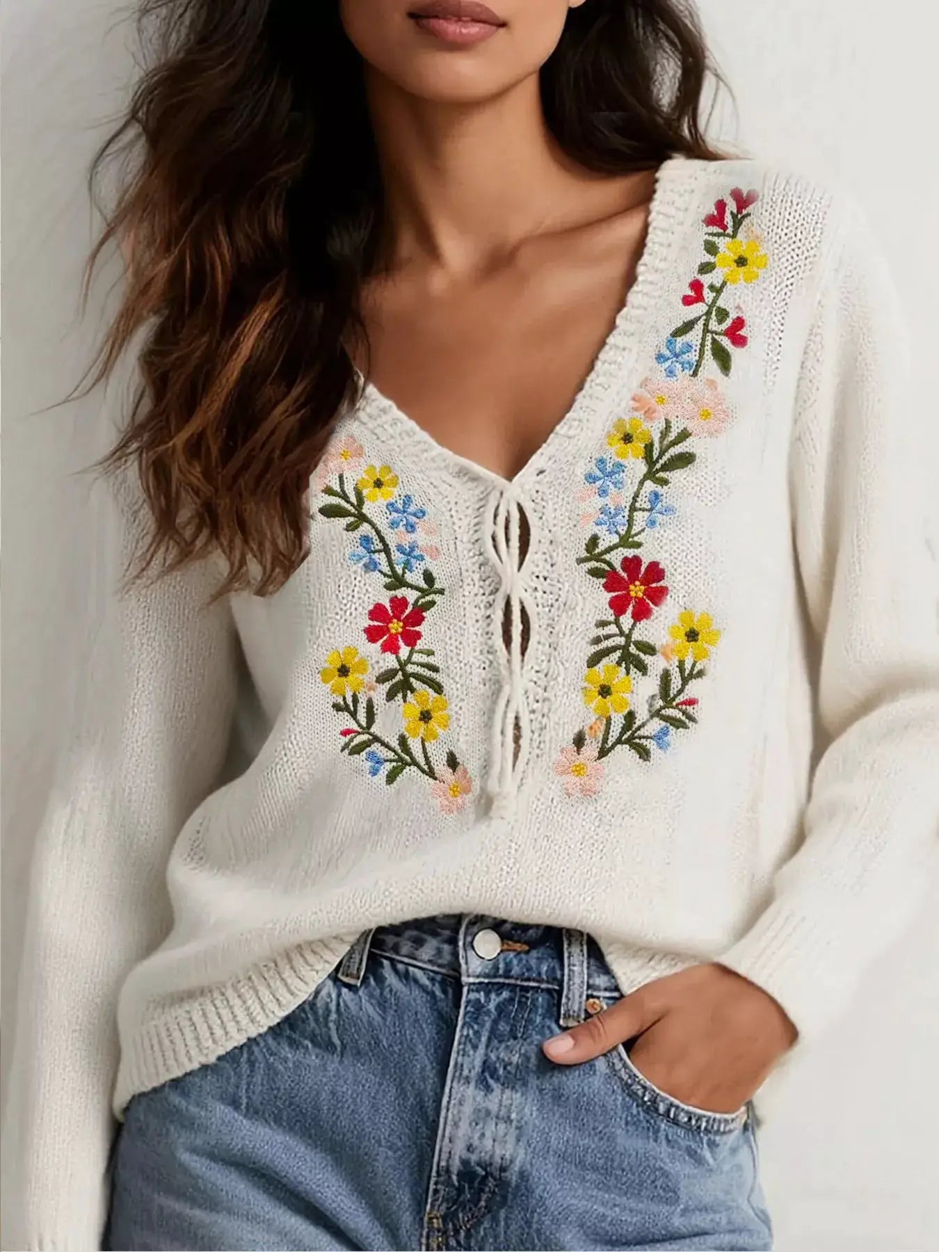 Floral Embroidered V-Neck Sweater by Trendsi