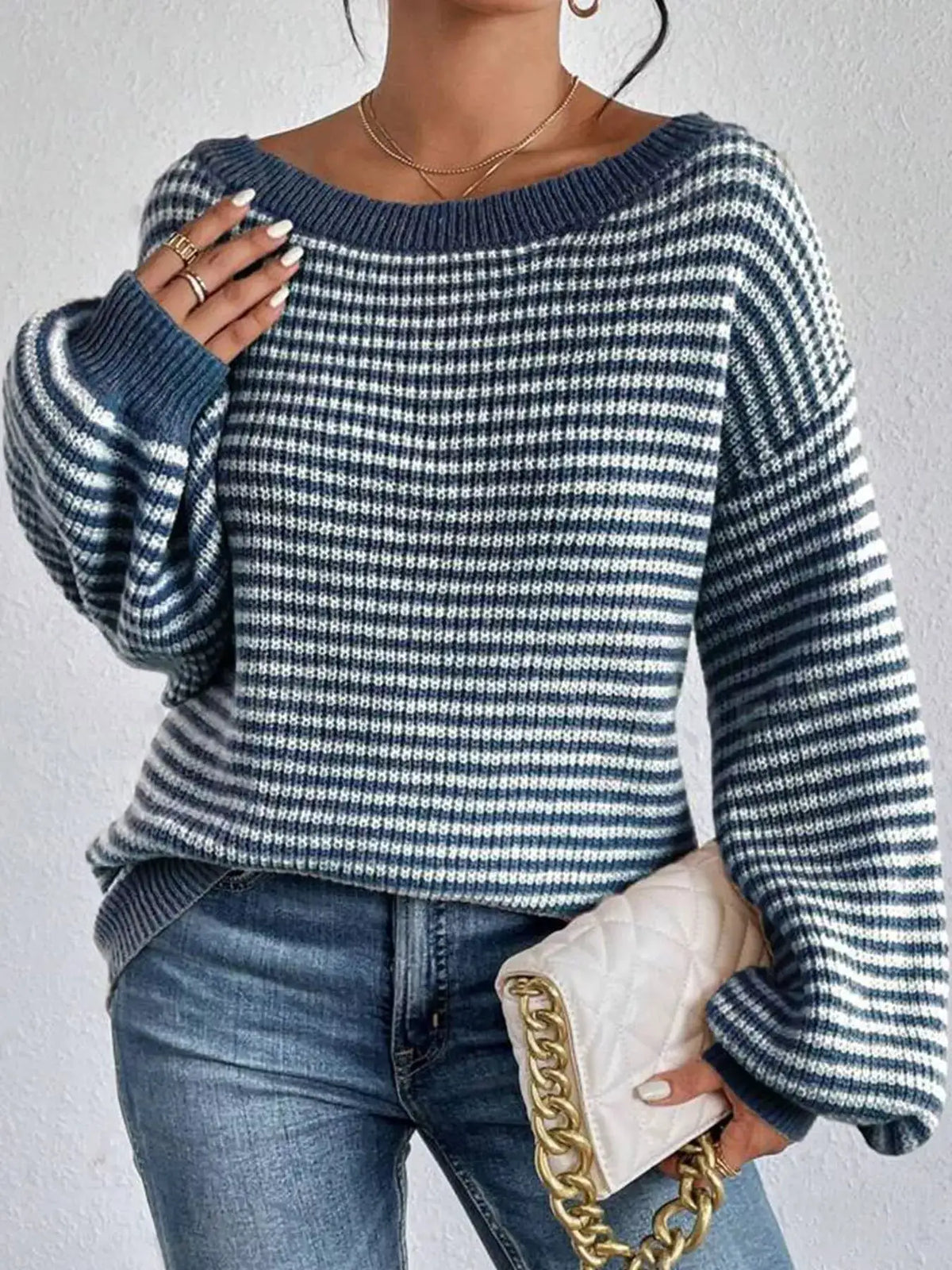 Striped Knit Boat Neck Sweater by Trendsi