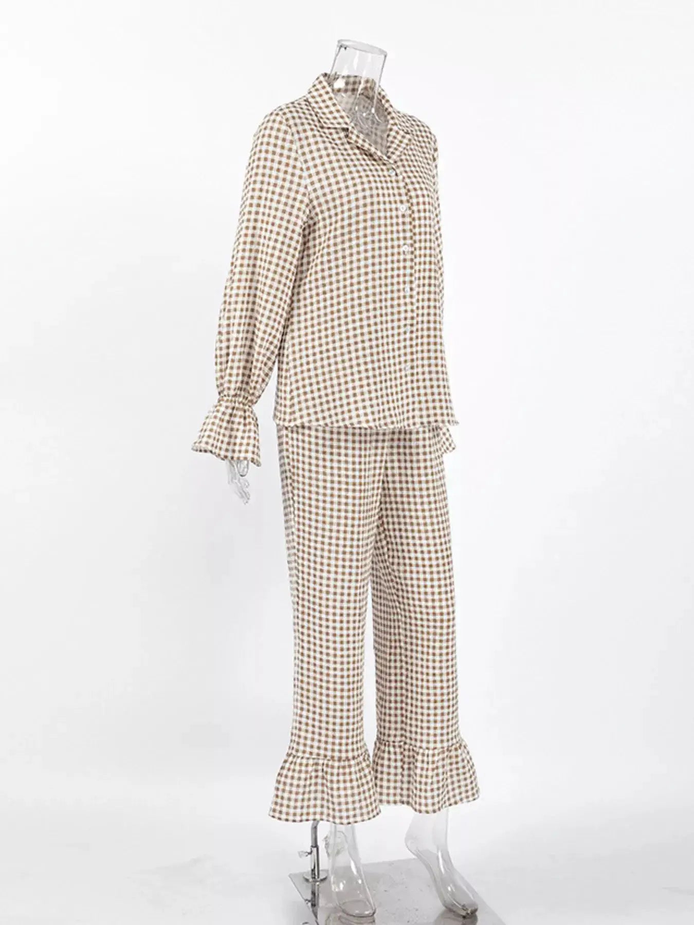 Gingham Ruffle-Trim Top and Pants Lounge Set by Trendsi