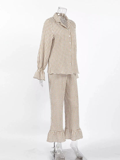 Gingham Ruffle-Trim Top and Pants Lounge Set by Trendsi