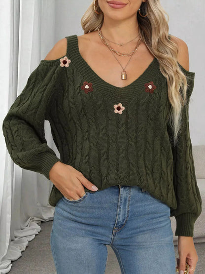 Floral Applique Cold Shoulder Cable Knit Sweater by Trendsi