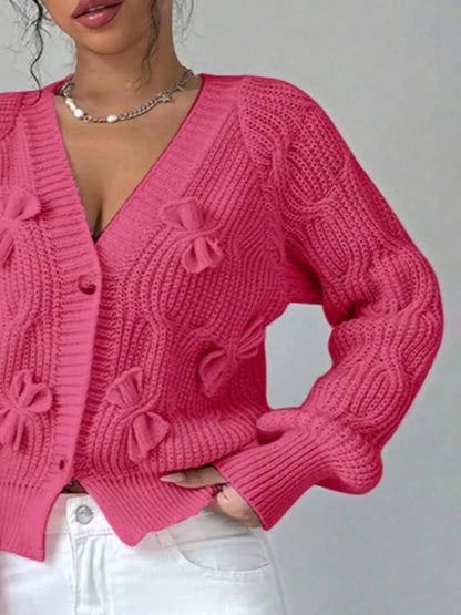 Bow Cable Knit V-Neck Cardigan by Trendsi