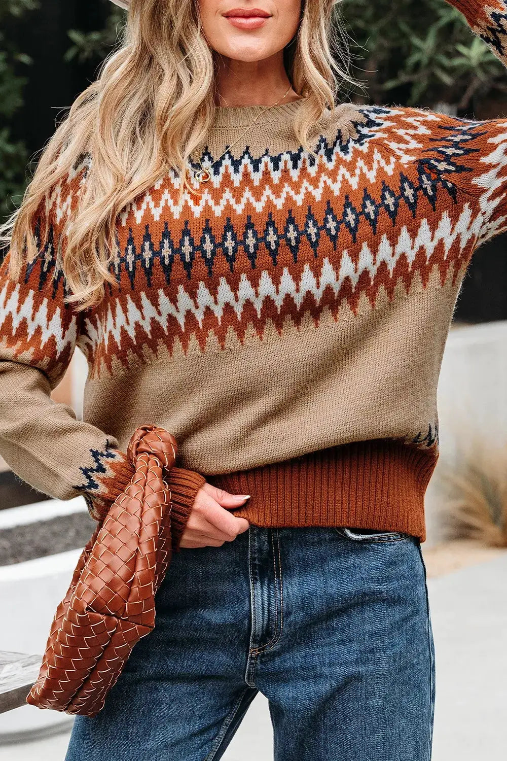Geometric Pattern Long Sleeve Sweater by Trendsi