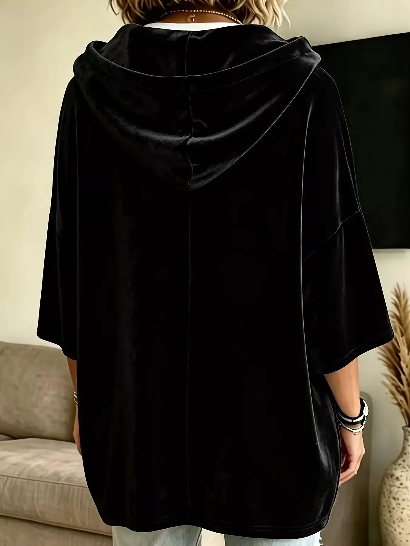 Full Size Velvet 3/4 Sleeve Hoodie with Kangaroo Pocket Plus Size by Trendsi