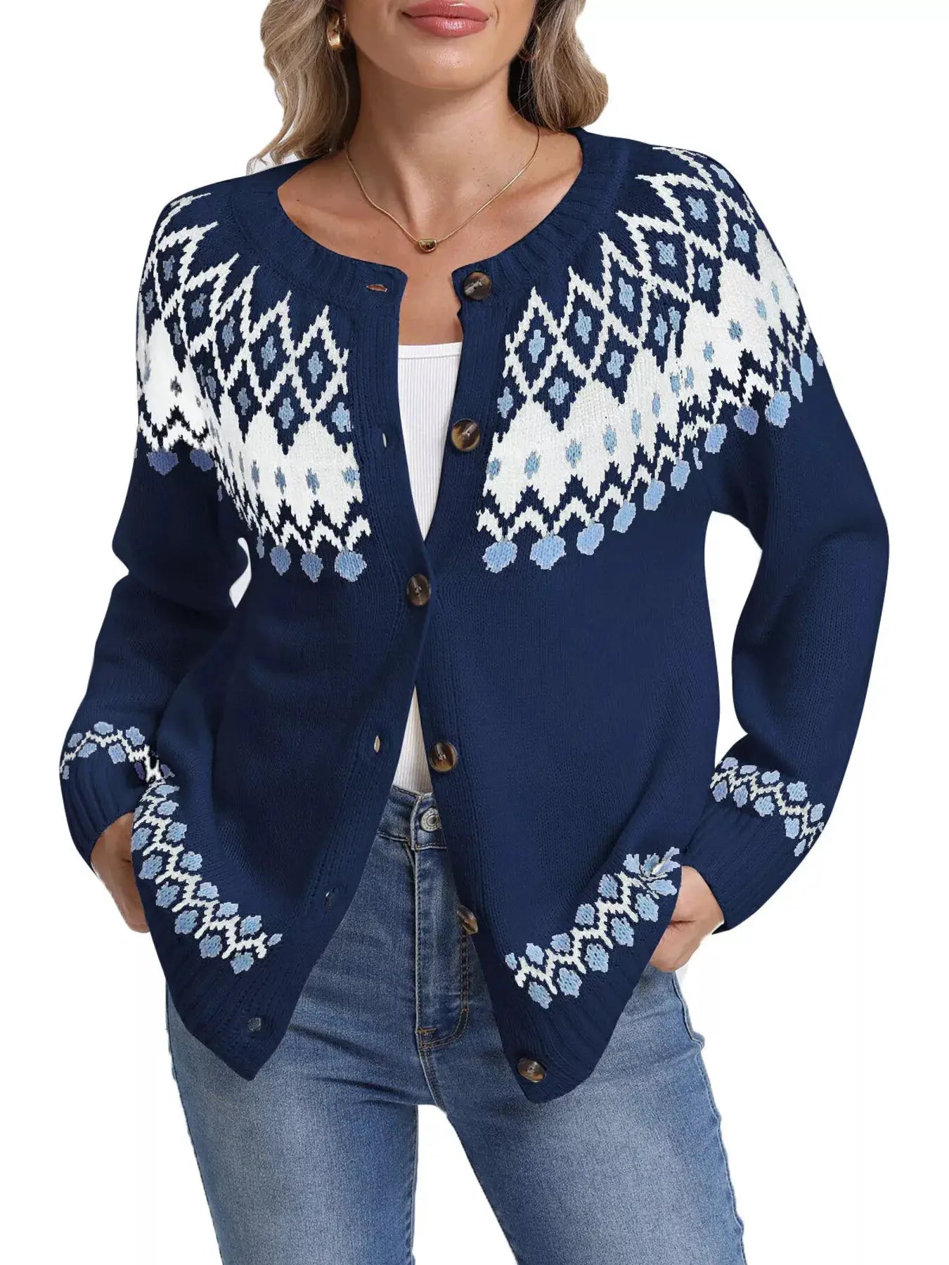 Fair Isle Patterned Button-Down Knit Cardigan by Trendsi