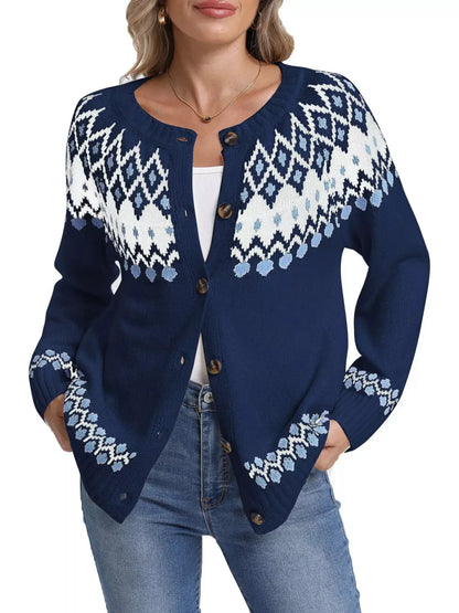 Fair Isle Patterned Button-Down Knit Cardigan by Trendsi