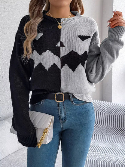 Pumpkin Face Graphic Two Tone Sweater by Trendsi