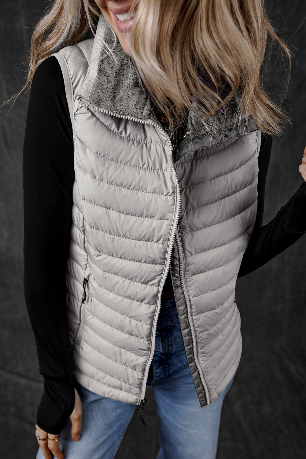 Sky Blue Plush Collared Quilted Zipped Puffer Vest