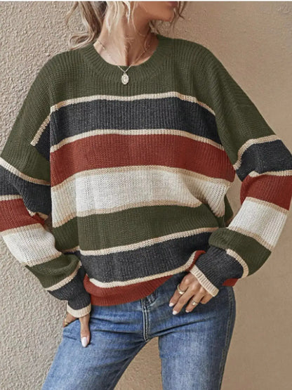 Color Block Striped Crew Neck Sweater by Trendsi
