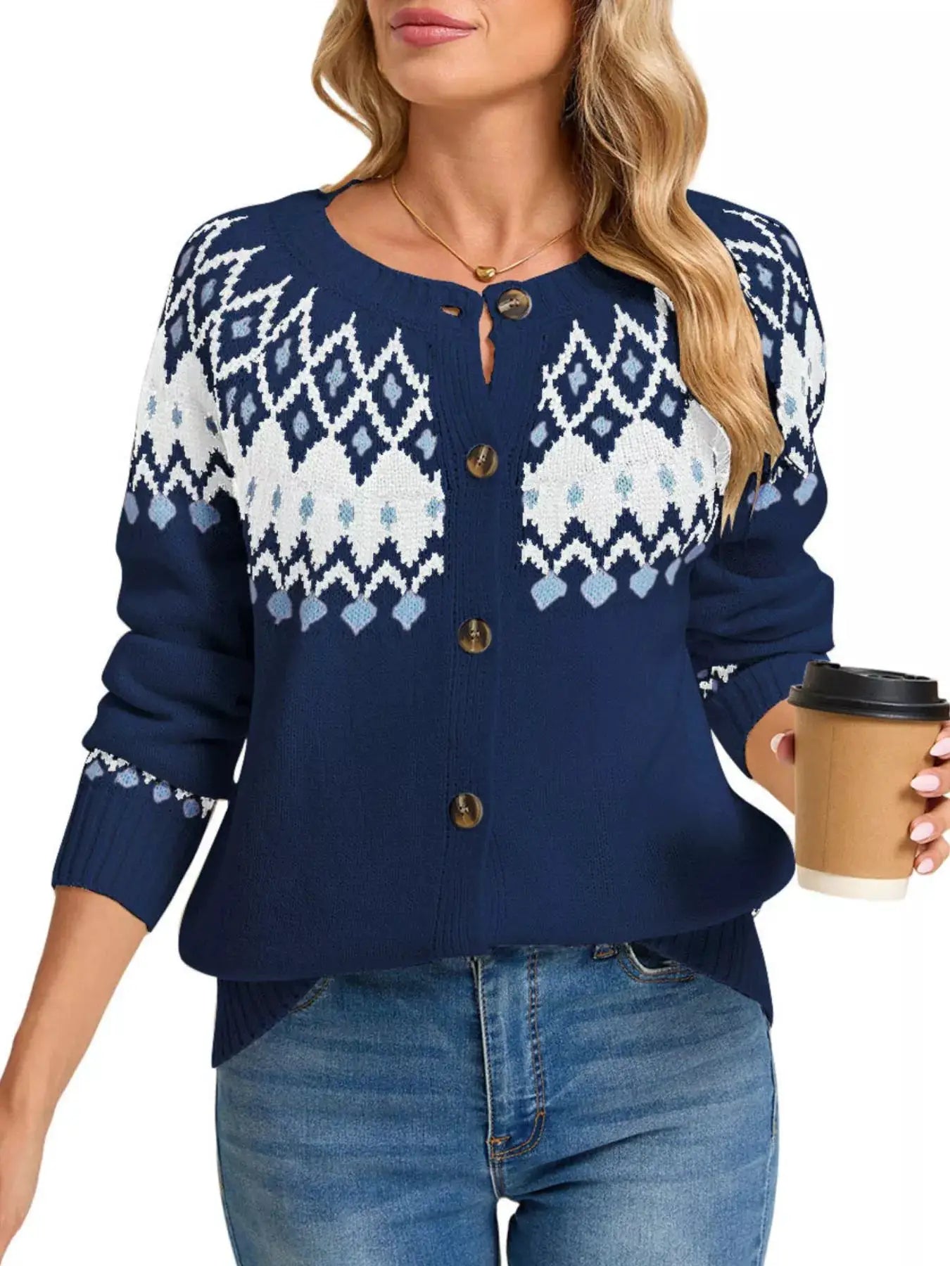 Fair Isle Patterned Button-Down Knit Cardigan by Trendsi