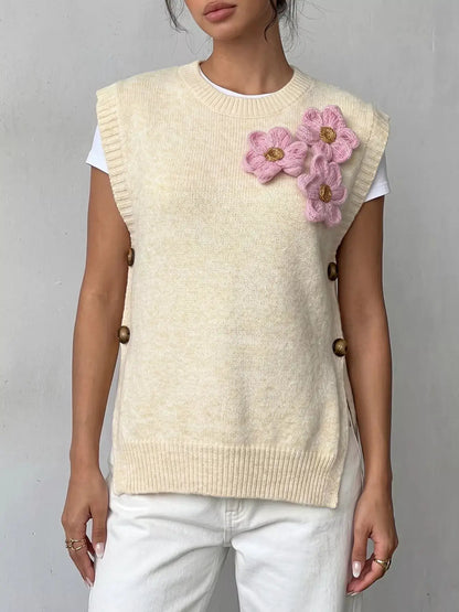 Side Button Sweater Vest with 3D Floral Appliques by Trendsi
