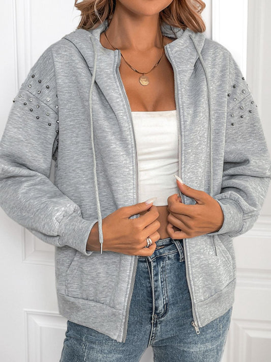 Perfee Rhinestone Zip Up Long Sleeve Hoodie