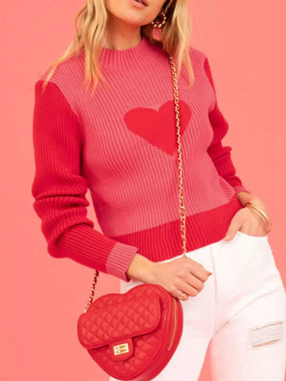 Color-Block Heart Pattern Ribbed Knit Sweater by Trendsi
