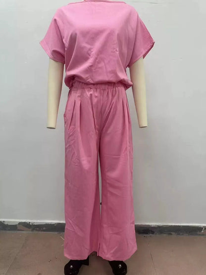Full Size Solid Color Top and Wide-Leg Pants Set Plus Size by Trendsi