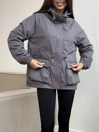 Drawstring Waist Hooded Windbreaker Outerwear by Trendsi
