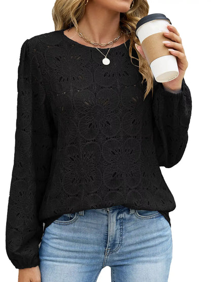 Floral Eyelet Lace Long Sleeve Blouse by Trendsi