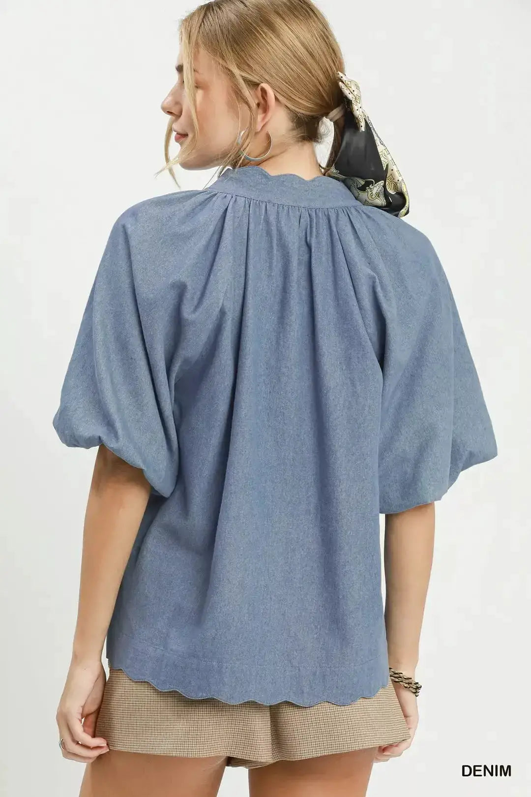Umgee Chambray Scallop Hem Puff Sleeve Top by Trendsi