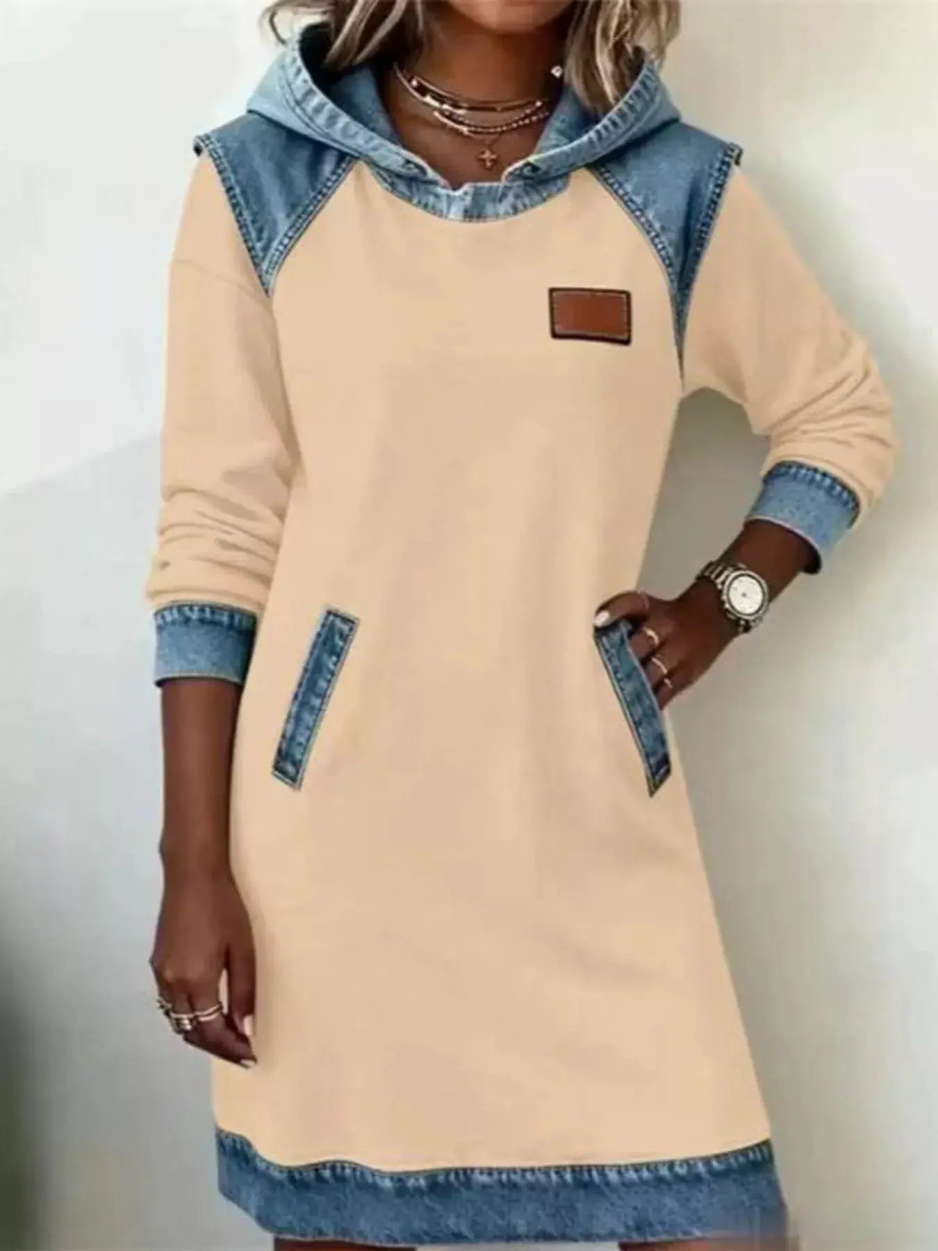 Full Size Denim Patchwork Hooded Sweatshirt Dress Plus Size by Trendsi