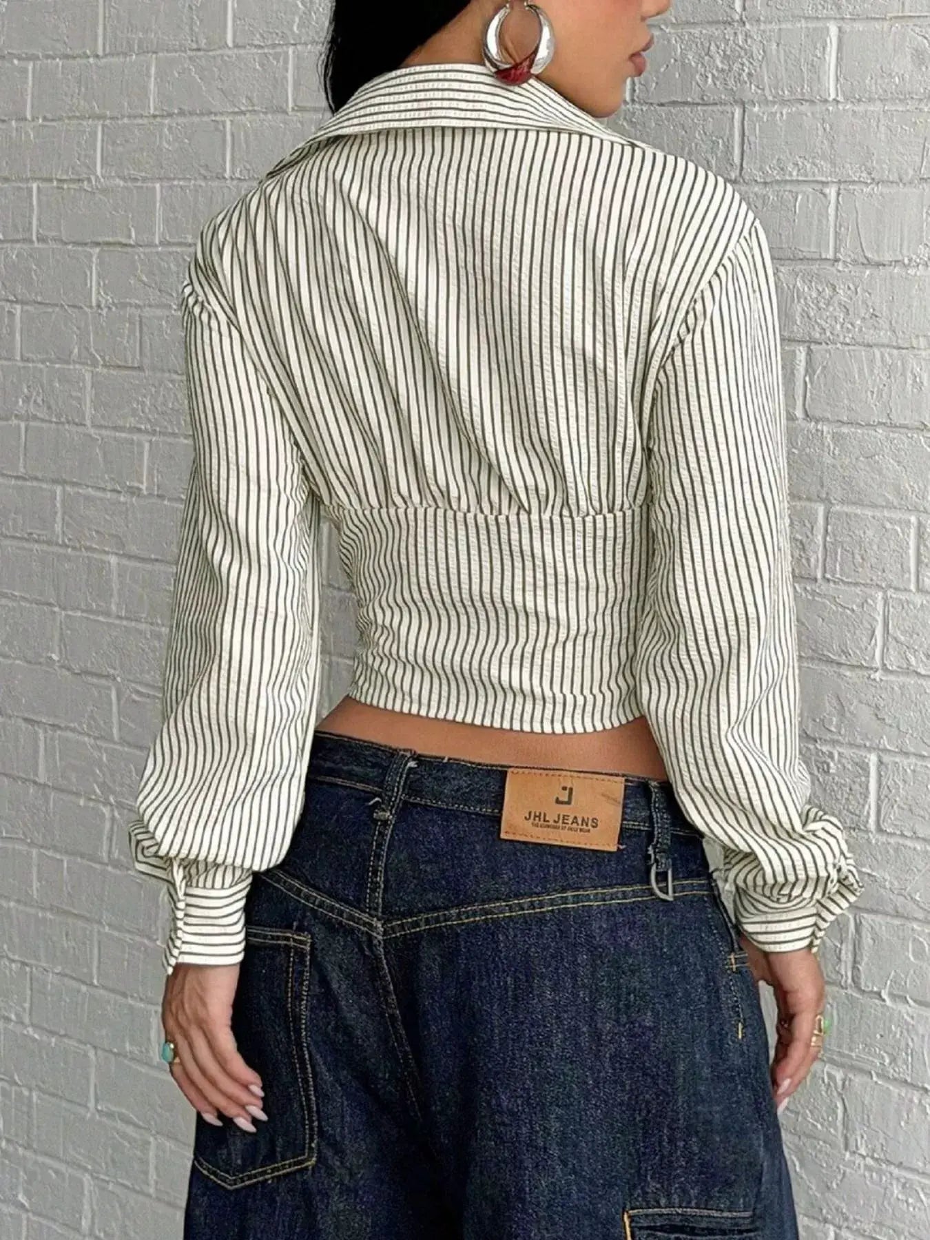 Deep V-Neck Striped Long Sleeve Blouse by Trendsi