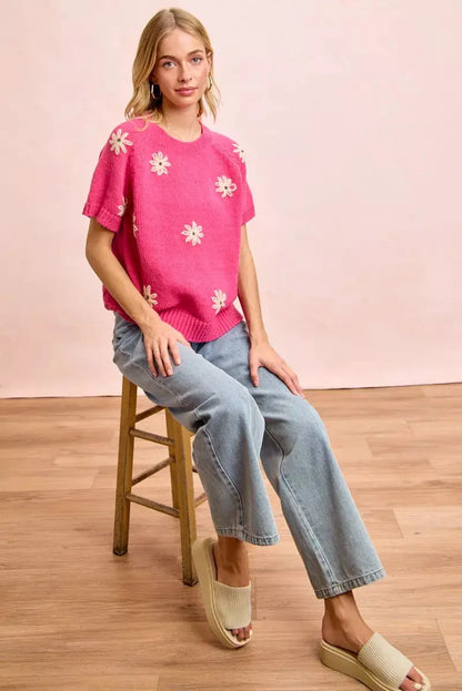 BiBi Flower Embroidered Short Sleeves Knit Top by Trendsi