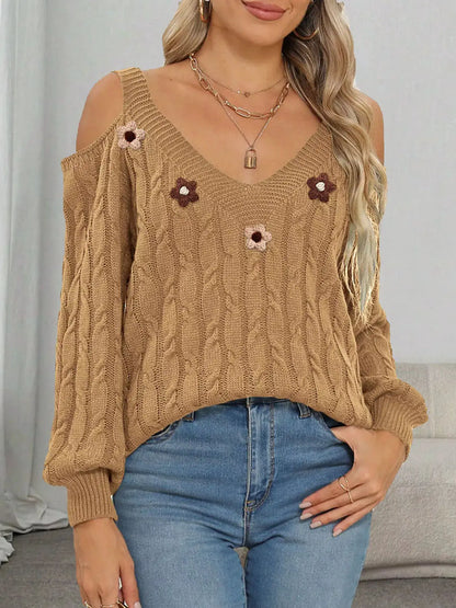 Floral Applique Cold Shoulder Cable Knit Sweater by Trendsi